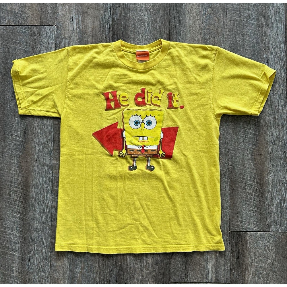 Y2K 2004 Nickelodeon SpongeBob He Did It Tee Fits Mens M Tagged XL Yellow Cotton
